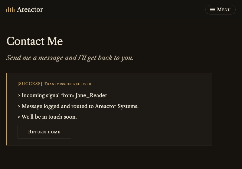 The new contact confirmation: the same lines in Caslon on a note with a brass rule, and a Return home button