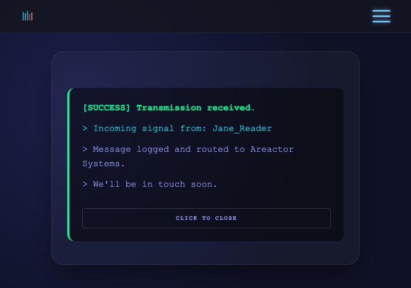The old contact confirmation: green [SUCCESS] lines in a terminal box with a Click to Close button
