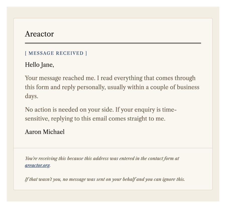 The new contact receipt: a cream letter with the Areactor masthead over a double rule