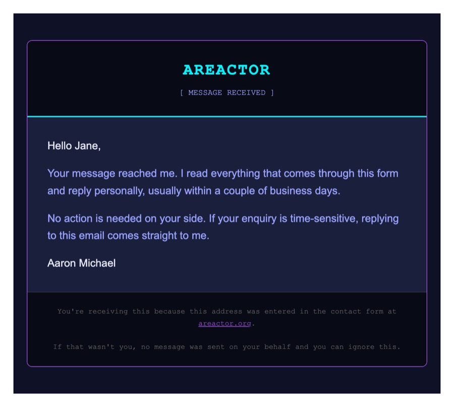 The old contact receipt: AREACTOR in cyan capitals over a navy card