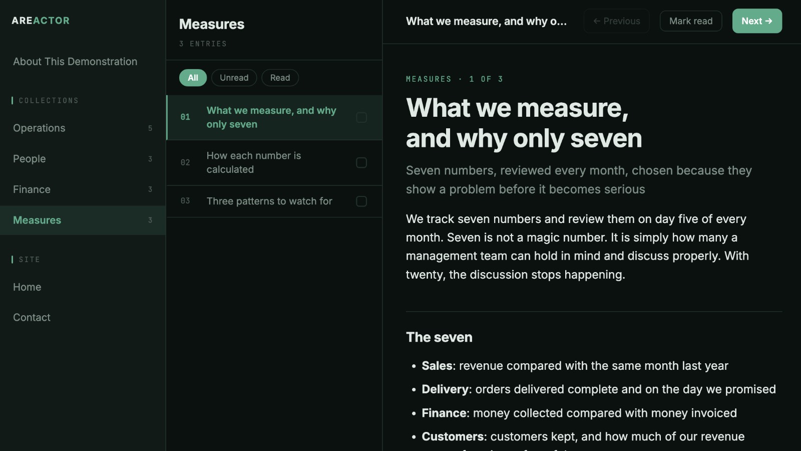 The knowledge base reader showing the Acme demonstration: sections on the left, the entries in the Measures section in the middle, and the entry What we measure, and why only seven open on the right
